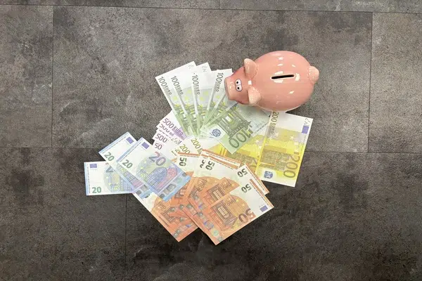 euro biljetten bij een spaarvarken