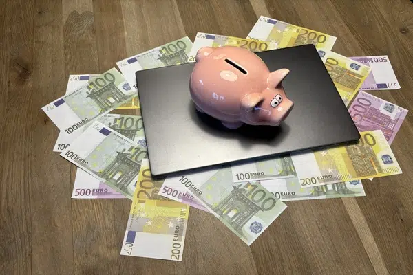 Spaarvarken op een laptop met geld
